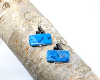 Blue Agate Earrings with Plated Silver Leverbacks- Simple Minimalist Gemstone Earrings For Teens, Women, Gift. Blue Crazy Lace Agate Gems