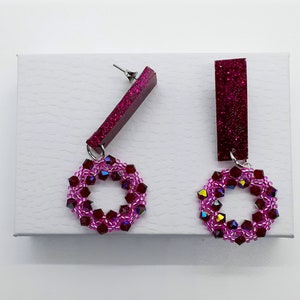 Earrings - Red Raspberry Beaded Crystal hoop Disc Earrings With Linear Resin Studs- Fancy TRENA Holiday Special Occasion Earrings