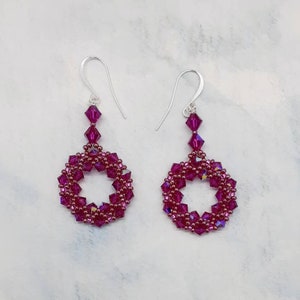 Fuchsia Pink Hand Beaded Crystal Pendant Earrings- Fancy Long JACKIE Holiday Special Occasion Earrings