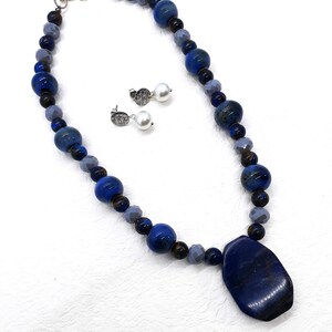 Blue Sodalite Pendant Glass and Ceramic Bead Necklace- Chunky Short Pendant Necklace For Your Warm Weather Wears