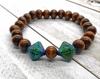 Wood Bead Tiger's Eye Mood Bead Stretch Bracelet- 8- 8.5 inch Unisex Color Change Bead Emotion, Fidget Bracelet For Everyday And Gifting