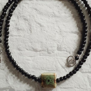 Men&#39;s Black Bead Necklace With Green Ceramic Focal- Minimalist Necklace for Everyday