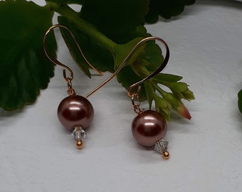 Warm Bronze Brown Crystal Pearl Earrings With Crystal Accents- Elegant Dangles for Wedding, Holiday, Birthday, White Elephant Gift