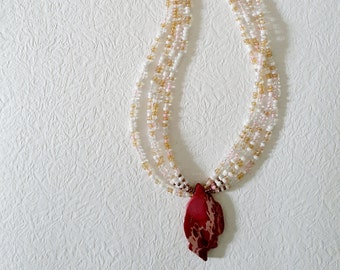 Pink White And Gold Multi Strand Seed Bead Pendant Necklace