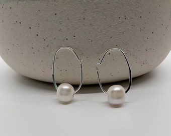 White Freshwater Pearl Sterling Silver Oval Hoop Earrings - Easy Simple Earrings For Everyday, Wedding, Birthday, Mother's Day Gifting