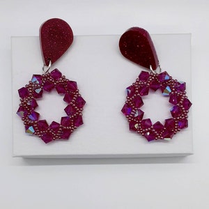 Dream In Color Fuchsia Pink Chunky Crystal Hoop Earrings With Glittery Resin Studs- Fancy TRENA Statement Earrings For Holiday And Events