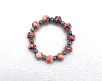 Peach Multi Plastic and Gray Glass Bead Stretch Bracelet for Teens, Women - Size 6.5inch Wrist