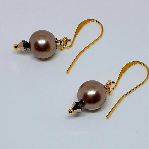 Warm Bronze Brown Crystal Pearl Earrings With Rose Gold Accents- Elegant Dangles For Wedding, Holiday, Birthday, White Elephant Gift