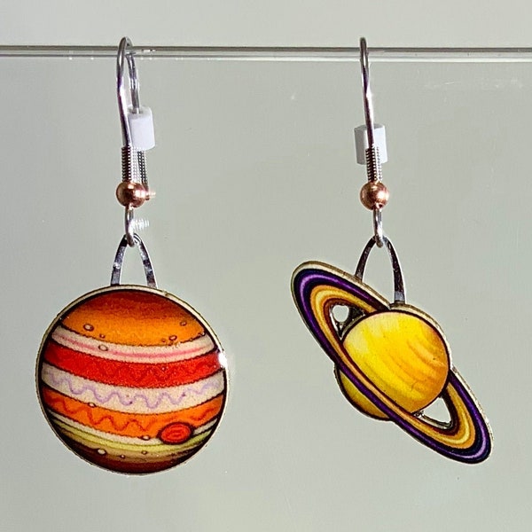 Jupiter and Saturn Earrings By Jabebo, Handmade Astronomy Jewelry made with cereal boxes