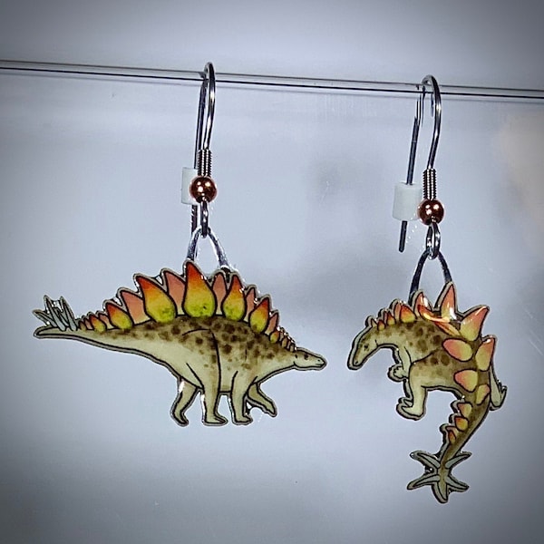 Stegosaurus Earrings by Jabebo, Handmade Dinosaur Jewelry with Cereal box paperboard