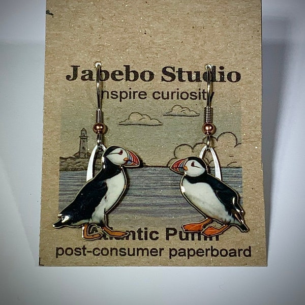 Atlantic Puffin Earrings by Jabebo, Colorful, detailed and handmade with cereal box paperboard