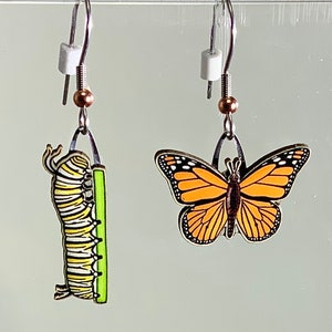 Monarch Butterfly and Caterpillar Earrings by Jabebo, Inspiring Curiosity with recycled Cereal boxes