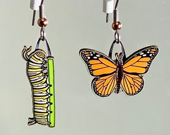 Monarch Butterfly and Caterpillar Earrings by Jabebo, Inspiring Curiosity with recycled Cereal boxes
