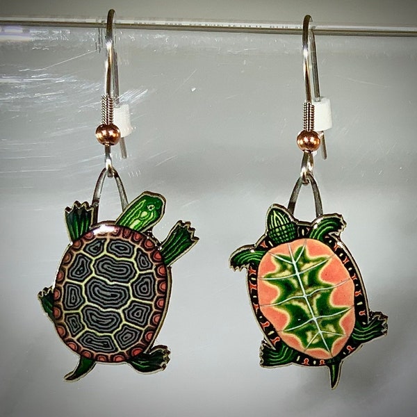 Painted Turtle Earrings by Jabebo, Inspiring Curiosity with reused cereal box cardboard