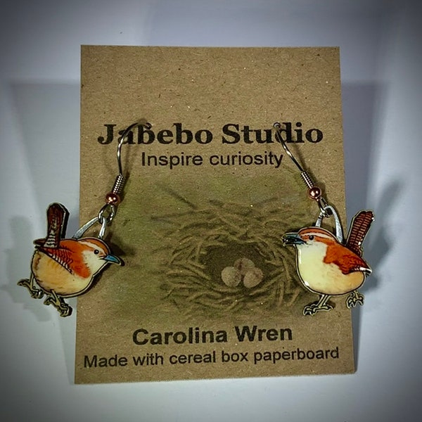 Carolina Wren Earrings by Jabebo, Handmade nature jewelry with cereal box cardboard