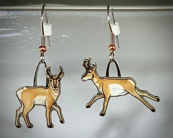 Pronghorn Antelope earrings by Jabebo, Handmade from cereal box packaging