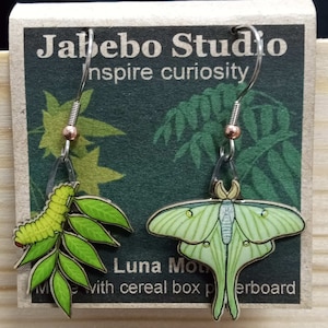 Luna Moth Earrings by Jabebo, Inspiring Curiosity with recycled Cereal boxes