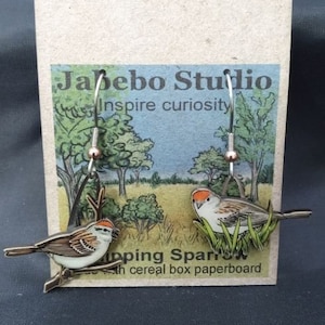 Chipping Sparrow Earrings by Jabebo, Inspire Curiosity with cereal box paperboard