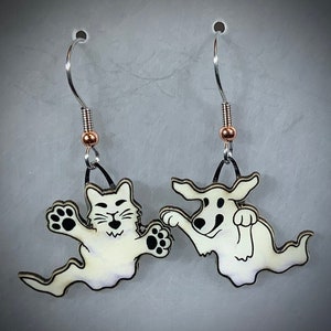 Ghostly Cat and Dog Earrings by Jabebo, spooky jewelry made from cereal box material