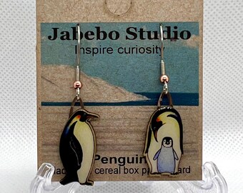 Penguin- earrings by Jabebo from post consumer cereal boxes