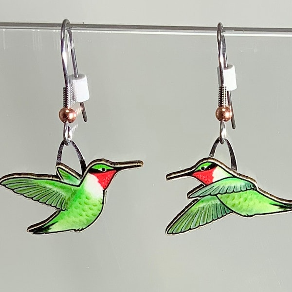 Ruby-throated Hummingbird Earrings by Jabebo, Inspiring Curiosity with cereal box cardboard