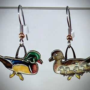 Wood Duck Earrings by Jabebo, Handmade with cereal box paperboard