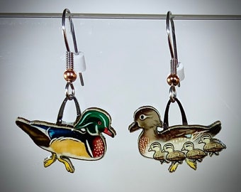 Wood Duck Earrings by Jabebo, Handmade with cereal box paperboard