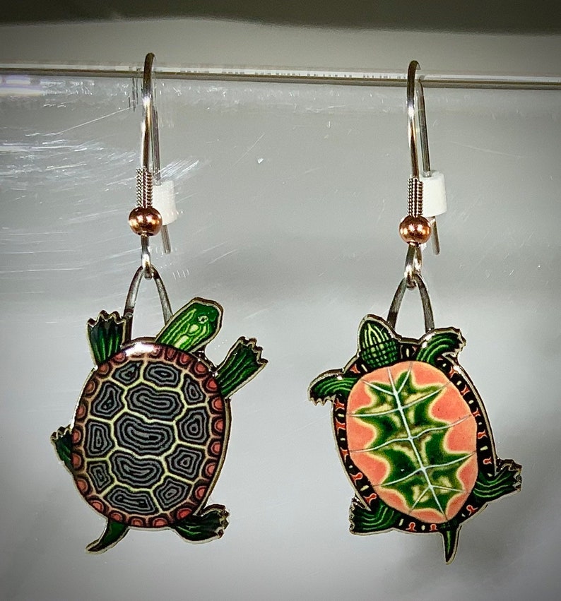 Painted Turtle Earrings by Jabebo, Inspiring Curiosity with reused cereal box cardboard image 1