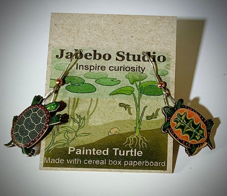 Painted Turtle Earrings by Jabebo, Inspiring Curiosity with reused cereal box cardboard image 3