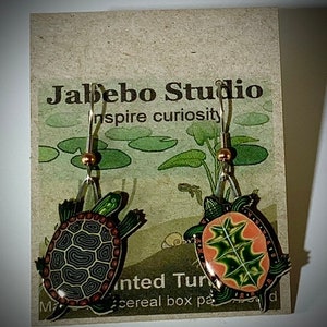 Painted Turtle Earrings by Jabebo, Inspiring Curiosity with reused cereal box cardboard image 2