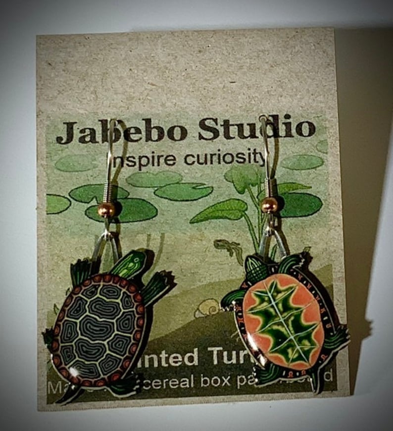 Painted Turtle Earrings by Jabebo, Inspiring Curiosity with reused cereal box cardboard image 2