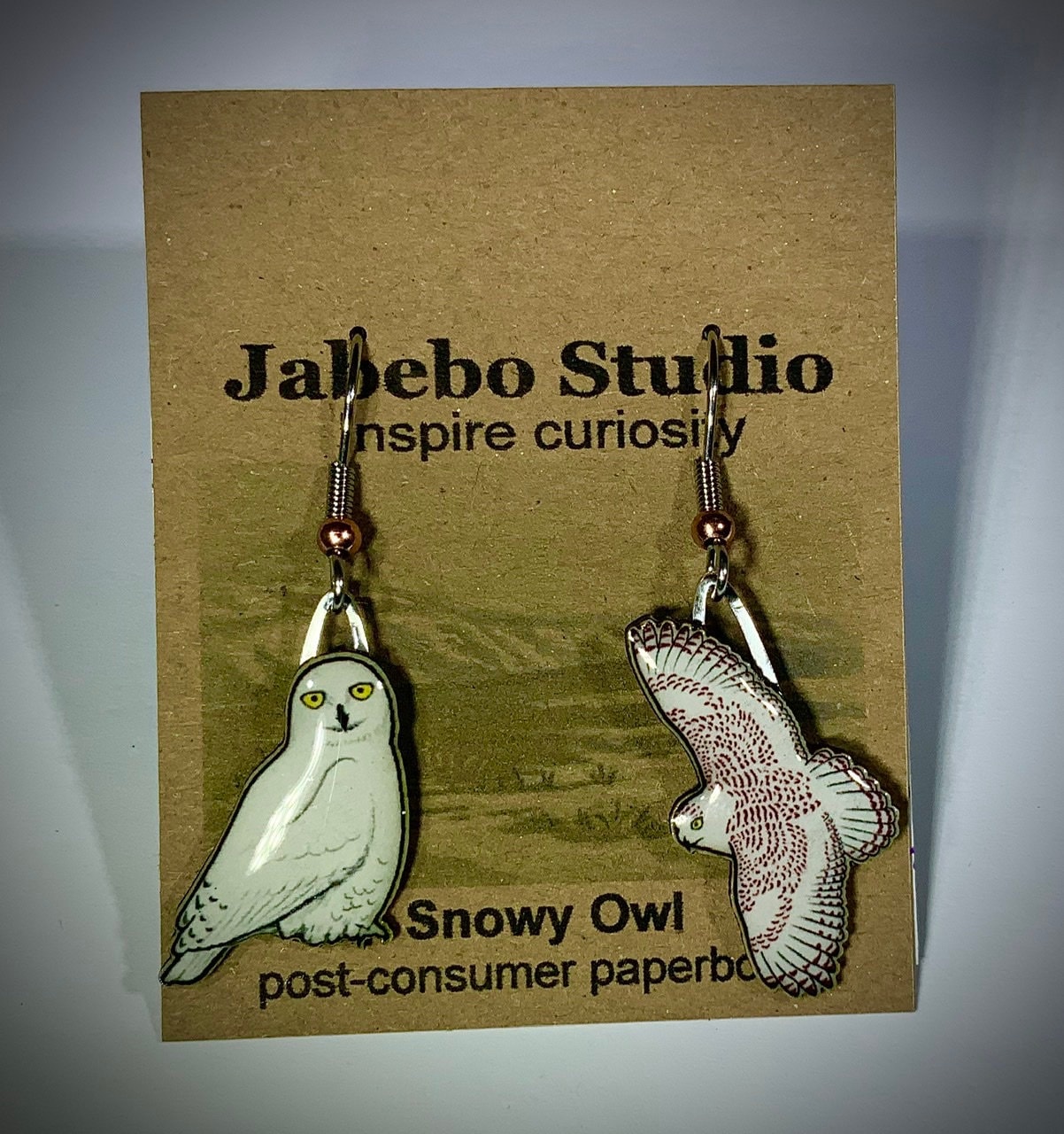 Snowy Owl Earrings by Jabebo, Handmade Nature Jewelry with cereal box cardboard