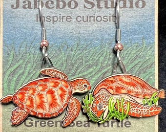 Green Sea Turtle- cereal box earrings by Jabebo