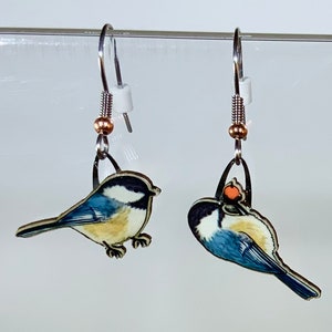 Black-capped Chickadee Earrings by Jabebo, Inspire Curiosity  with cereal box paperboard, birder jewelry