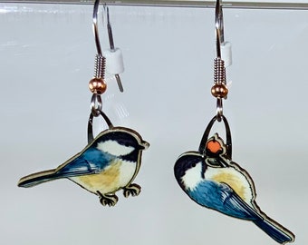 Black-capped Chickadee Earrings by Jabebo, Inspire Curiosity  with cereal box paperboard, birder jewelry