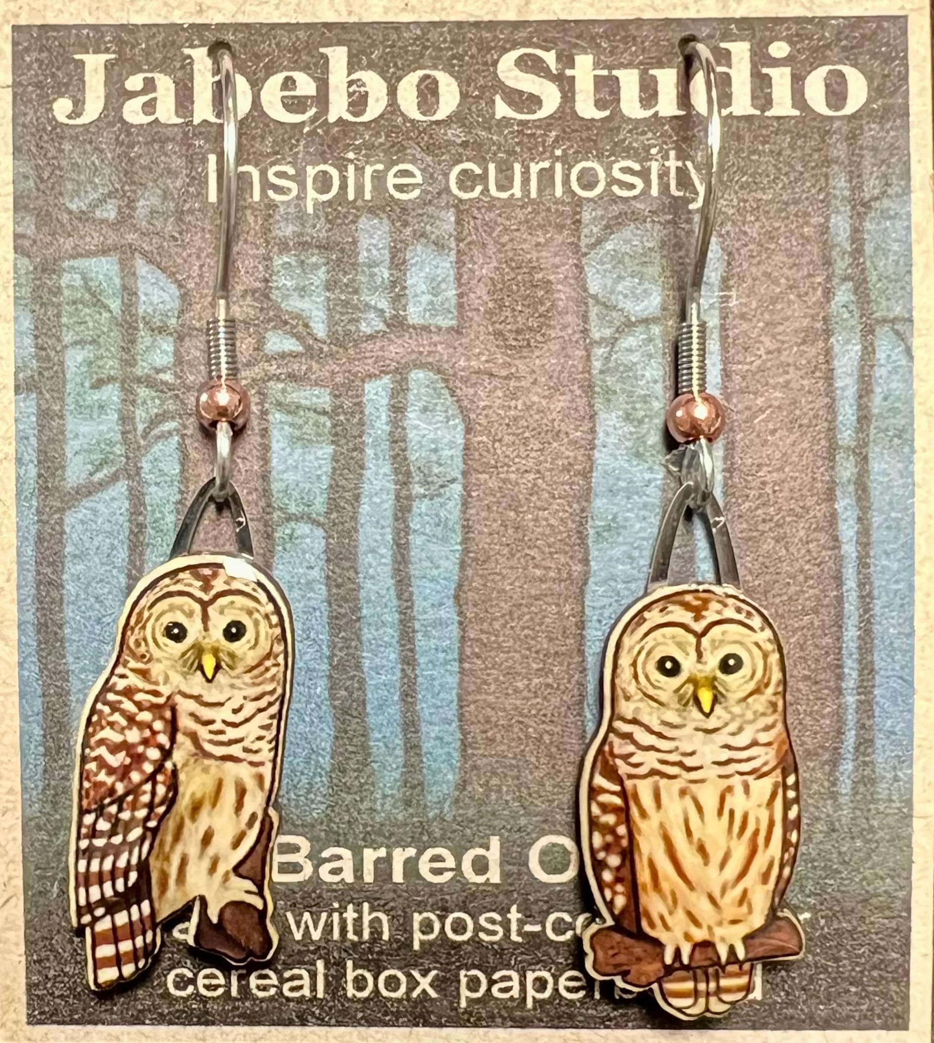Barred Owl- cereal box earrings by Jabebo