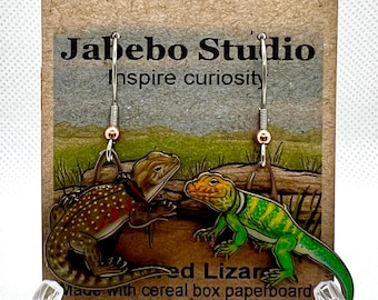 Collared Lizard- Jabebo earrings made from cereal box cardboard