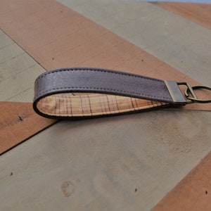 Brown Vegan Faux Leather Keyfob Keychain Plaid Brown Mustard Antique Bronze