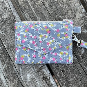 ID Wallet, Grijze Portemonnee met Venster, Card Cash portemonnee W / Lanyard of Key Fob, Women's ID Wallet, Floral Gray Wallet, Pocket Wallet met Rits