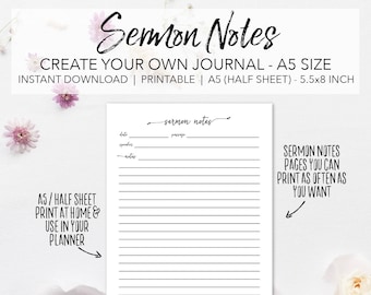 Sermon Notes Printable Planner Pages - Create Your Own Sermon Journal - INSTANT DOWNLOAD Bible Church Study Notes A5 Size Half Sheet 5.5x8.5