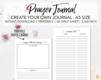 Prayer Journal Planner Insert Pages - Create Your Own Faith Journal - INSTANT DOWNLOAD Prayer Request List Bible Study Journal A5 Size