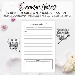 Sermon Notes Printable Planner Pages Create Your Own Sermon Journal INSTANT DOWNLOAD Bible Church Study Notes A5 Size Half Sheet 5.5x8.5 image 1