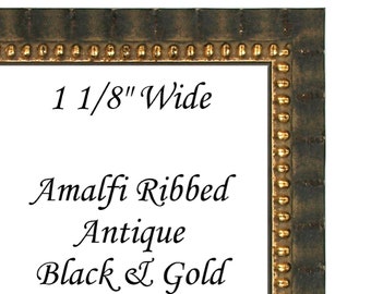 Custom Cut DIY 1 1/8&quot; Amalfi Ribbed Antique Black & Gold Wood Picture Frame