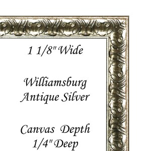 May include: A silver picture frame with an ornate design. The frame is 1 1/8 inches wide and 1/4 inch deep. It is labeled "Williamsburg Antique Silver" and "DIY Wood Picture Frame".