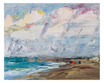 Morning Seascape with White Clouds Original Plein Air Abstract Oil Painting Impressionist Seascape Small Skyscape Waves Seashore Sea Sky Art