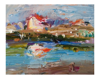 Crystal Morning in the Lagoon, Original Plein Air Oil Painting, Small Abstract Seascape Landscape Paintings Sky Impressionist Art Sea Bright