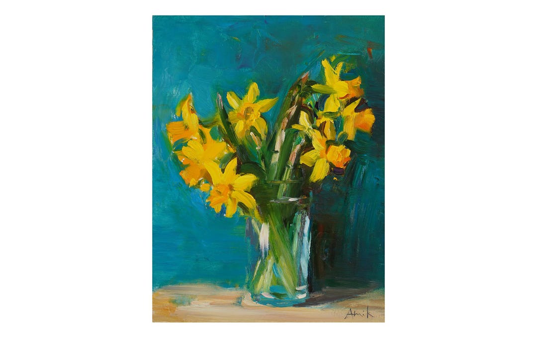 Daffodils on Turquoise Original Floral Oil Painting Garden Flowers ...