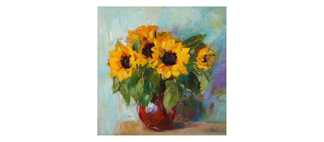 Bouquet of Sunflowers, Original Floral Oil Painting Sunflower Vase ...