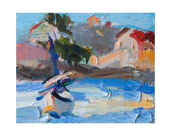 Giclee Fine Art Print - Impasto Seascape with a Sailboat - Original Plein Air Oil Painting Impressionist Sea Seascapes Abstract Blue Coastal