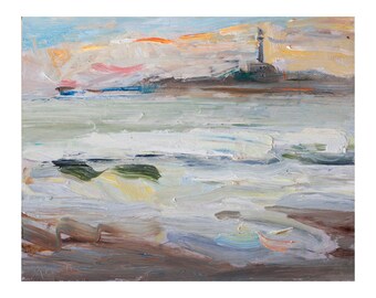 The Sunrise, the Sea and the Lghthouse - Original Plein Air Oil Painting, Outdoor Paintings Seascape Seascapes Waves Coast Sky Impressionist